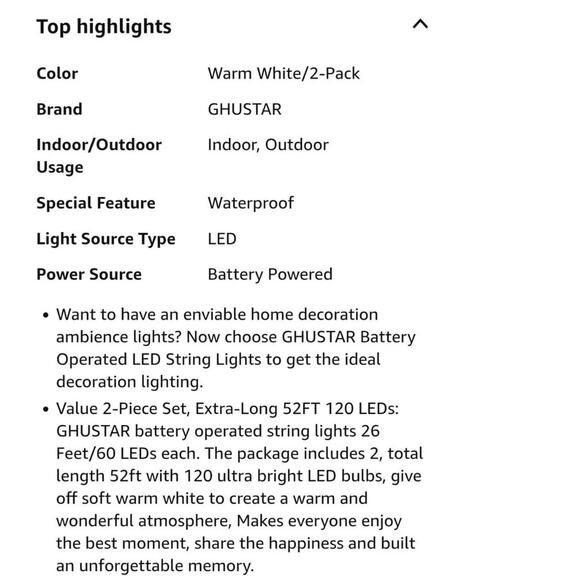 Battery Operated LED String Lights 2-Pack 26FT 60LED 8 Mode Waterproof W/ Remote - Picture 7 of 8